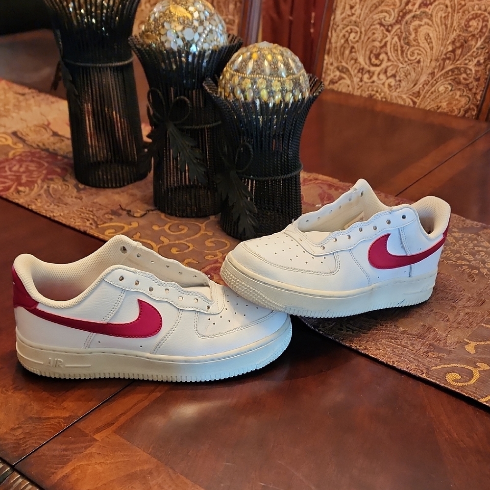 Girls White and Red Nike Air Force 1 Sneakers